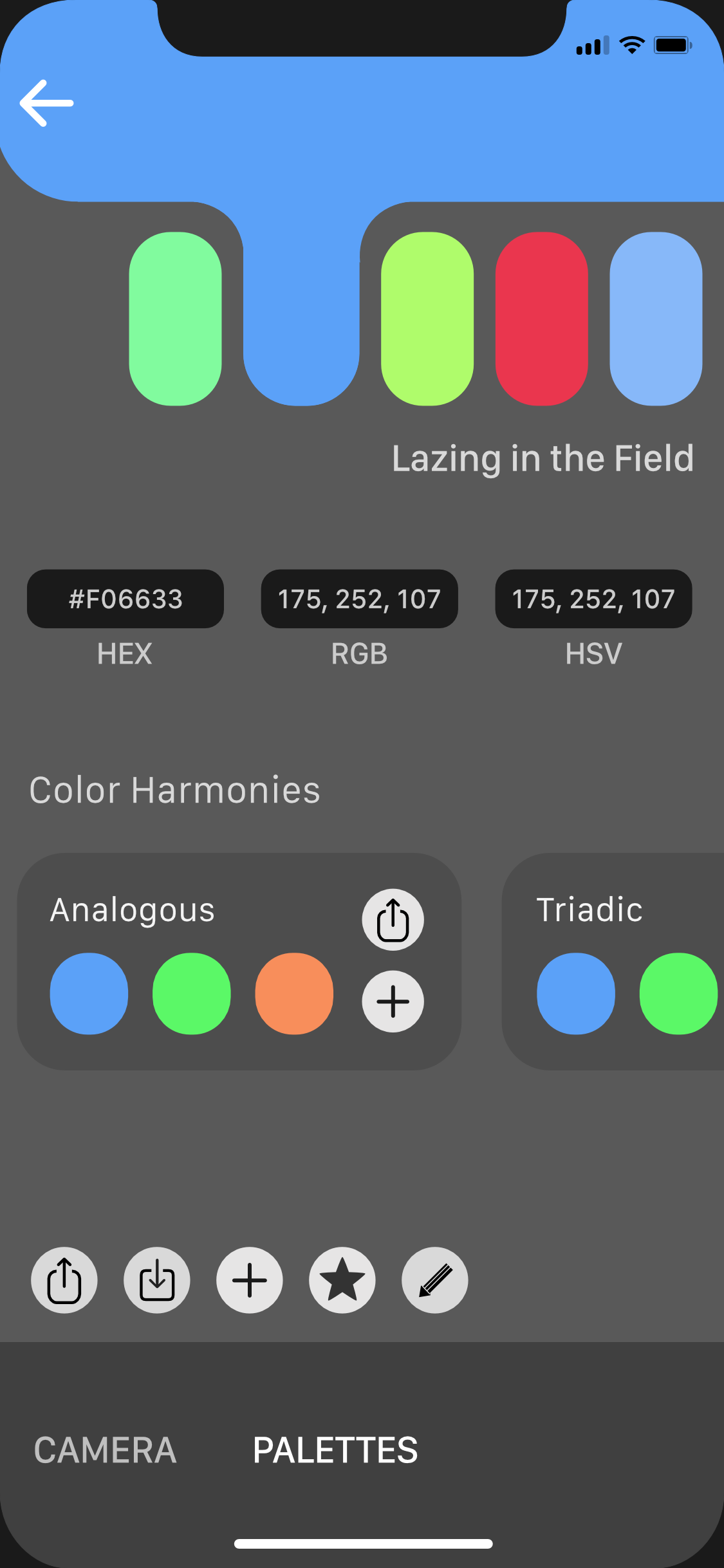 iOS app screenshot - color palette details screen
